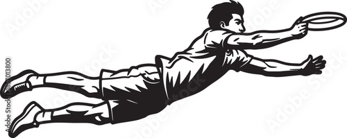 Dynamic of an athlete in mid-air, diving to catch a frisbee, capturing the action and athleticism of a sports game in a bold style also transparent background