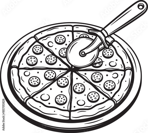 Hand drawn of a whole pepperoni pizza sliced and ready to be eaten with a pizza cutter on a round plate also transparent background