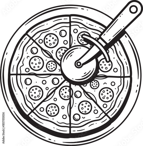 Hand drawn of a whole pepperoni pizza sliced and ready to eat with a pizza cutter on a plate food meal also transparent background