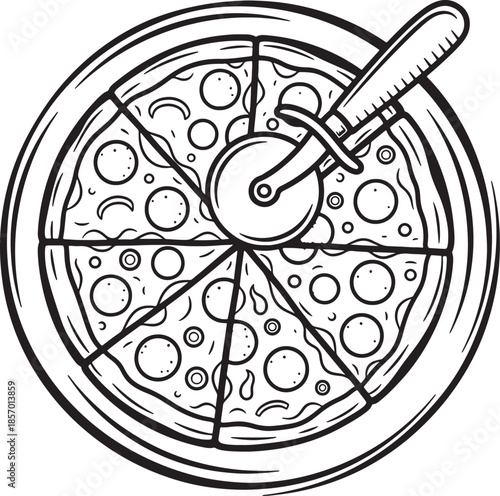 Hand drawn of a whole pepperoni pizza with a pizza cutter on a plate, ready to be sliced and served for a delicious meal also transparent background