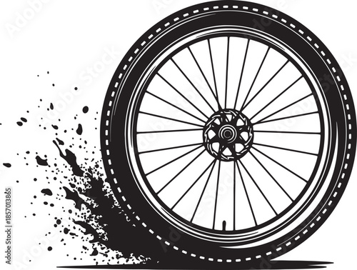 Mountain bike wheel with disc brake spinning and kicking up mud spray on a white background tire motion also transparent background