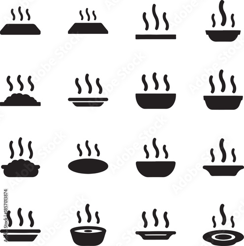 Set of 16 black and white illustrating different types of hot food containers with steam plumes, showcasing diverse serving ware for warm meals also transparent background