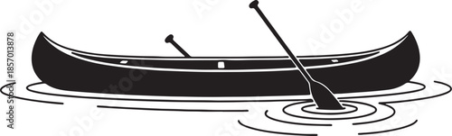 Silhouette of a black canoe with a paddle in rippling water, representing outdoor recreation and water sports, a simple also transparent background