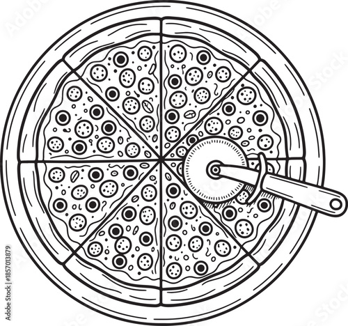 Overhead view line of a whole pepperoni and mushroom pizza sliced into eight pieces with a pizza cutter ready to serve on a white background also transparent background