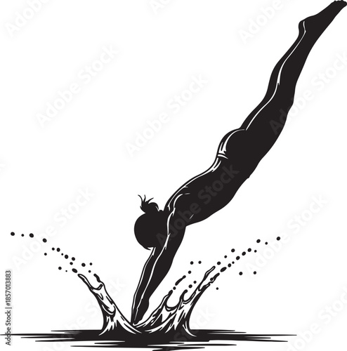 Silhouette of a female diver in mid-air executing a graceful dive into water creating a splash with droplets also transparent background