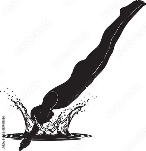 Silhouette of a female diver in mid-air plunging into water creating a splash and droplets diving swimming also transparent background