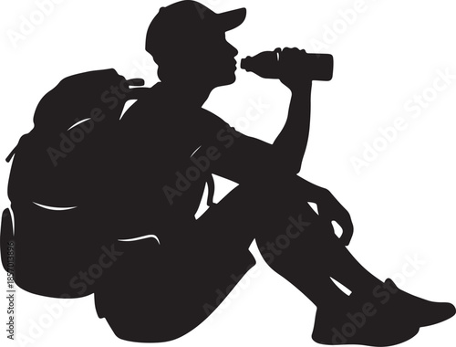 Silhouette of a hiker wearing a backpack and cap drinking from a water bottle, resting during an outdoor adventure also transparent background