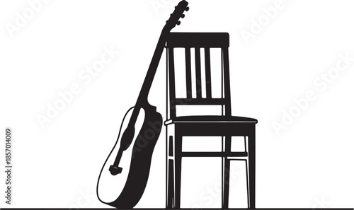 Stylized black silhouette of an acoustic guitar leaning against a simple wooden chair, evoking themes of music, creativity, and quiet contemplation also transparent background