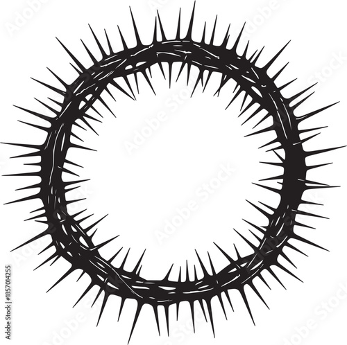 Intricate black silhouette of a crown of thorns, rendered with sharp, pointed spikes radiating outwards, symbolizing religious sacrifice, suffering, and historical or also transparent background