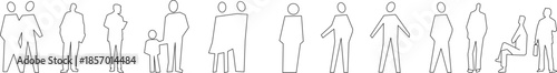 A set of simple vector line drawings featuring diverse people, couples, and parents with children for architectural diagrams and scale reference.