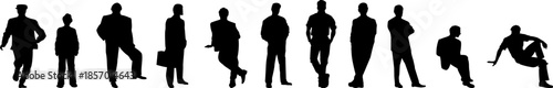 A set of black vector silhouettes featuring men in various poses, including standing, walking, sitting, and leaning, for design layouts.