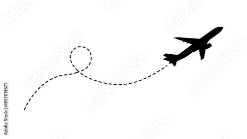 Obraz na plátně Airplane silhouette with dotted line path isolated PNG, commercial aviation rout