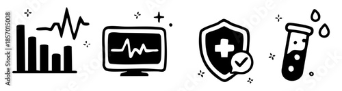Minimalist Black and White Doodle Icon Set for Healthcare Medical Safety Monitoring and Laboratory
