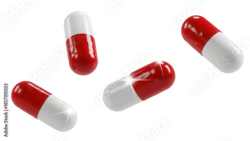 Red and white capsule pills isolated PNG, medicine and healthcare concept on transparent background Pharmaceutical drugs for treatment and therapy