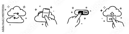 Minimalist Black and White Doodle Icon Set for Cloud Computing Smart Technology and Digital Interaction