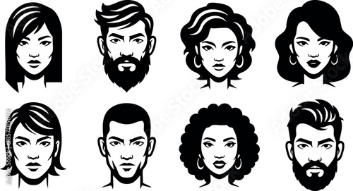 Diverse male and female faces icons set with various hairstyles and facial features vector illustration 