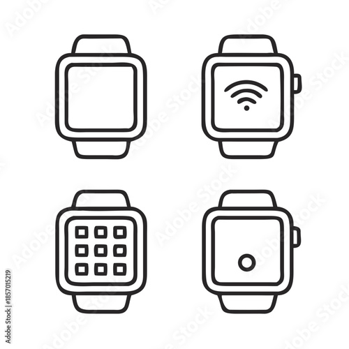 Minimal thin line smart watch icon set with blank screen, app menu, wifi symbol. Internet of things concept. Vector icon for website button, logo element, UI vector illustration