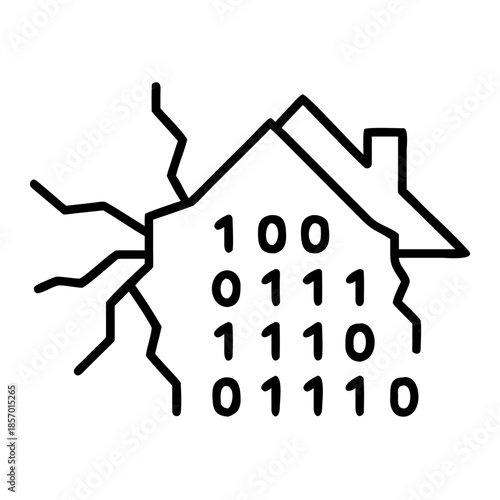 Outline house icon with binary code and cracks. Smart home security breach concept. Vector symbol for website, app, presentation