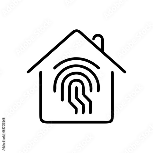 Outline vector symbol of house with fingerprint scan, home security and access control concept, smart house technology. Vector icon for app, web design