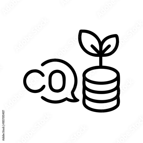 Flat vector icon for carbon credits trading app representing growth, ecology and finance, with speech bubble CO2 and coins with plant