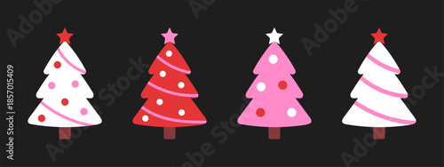 Vector set of stylish Christmas trees in white, red, and pink with decorative stars and ornaments on dark background. Modern festive collection in flat style. New year pine trees cliparts.