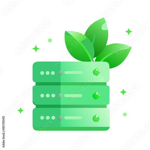 Green data server icon with leaves, concept of eco power, sustainable server rack, AI data center. Flat vector icon for web design, app, brochure