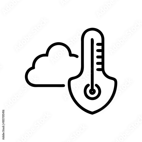 Climate risk score icon flat vector design with shield and cloud protecting a thermometer, symbolizing environmental protection and safety