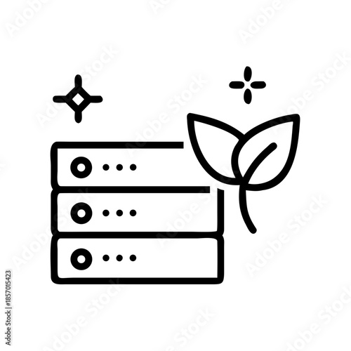 Flat vector icon green AI data center server rack with leaves. Eco friendly computing, sustainable technology concept. Flat design.