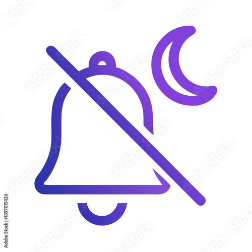 Flat vector icon depicting bell with diagonal line and moon, representing do not disturb mode, for mobile app user interface