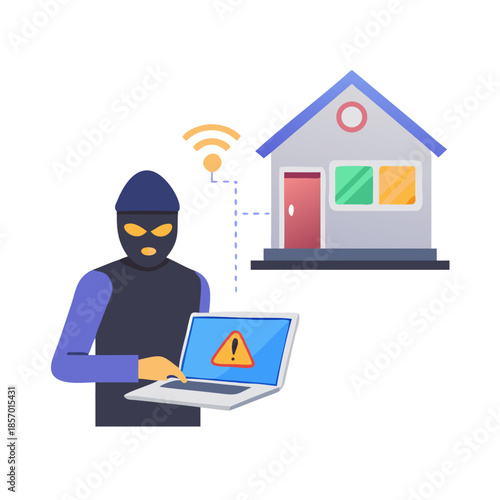 Flat vector illustration of hacker accessing smart home system through computer via Wi-Fi network. Cybersecurity risk concept design element icon
