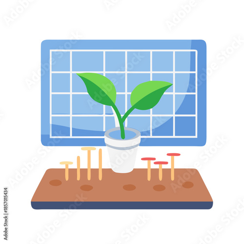 Flat vector icon of a growing plant pot on a soil bed with a solar panel, illustrating regenerative agriculture dashboard concept