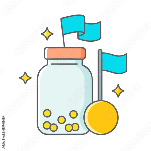 Flat vector icon of a savings goal jar, a glass jar with coins and blue flags, representing financial planning and achievement for money concept