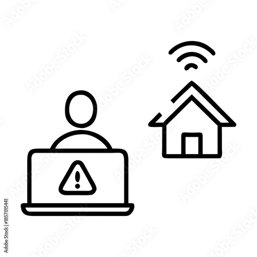 Flat vector illustration of hacker accessing smart home. Cyber attack concept. Alert symbol on laptop. Icon for network security, digital crime