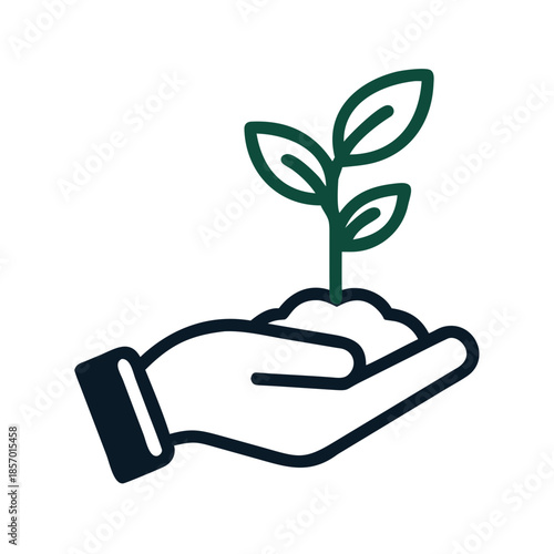 Human hand holding small plant with soil, concept of growth, ecology and nature care. Outline vector icon for environmental design