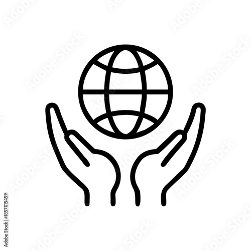 Hands protecting a globe icon. Global care and environment protection concept. Outline symbol for app, web design, interface. Vector illustration