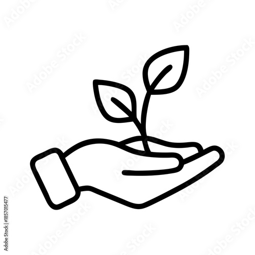 Hand holding a small plant in soil with leaves. Growth and care concept. Vector line icon for environmental design, app, web