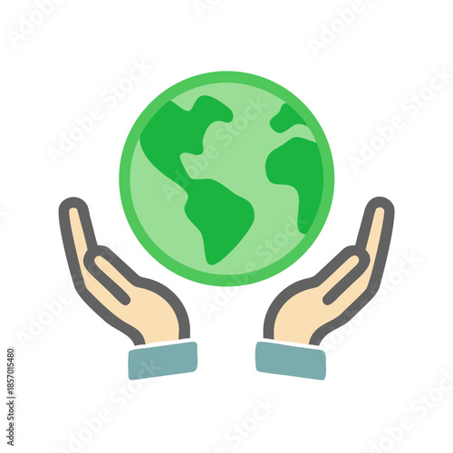 Hands protecting green Earth globe. Environment preservation and care, World Earth Day concept. Vector icon for website, app interface