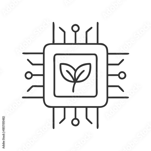 Minimal flat vector icon representing a microchip with a plant leaf, for AI climate dashboard and sustainable technology concept