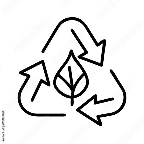 Leaf with recycling symbol inside, showing a cycle of nature and sustainability. Black line icon for ecological design
