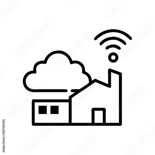 Minimal outlined vector icon representing edge computing theme with cloud and building emitting wireless signal, for technology design