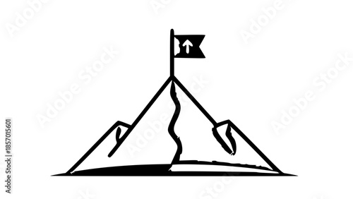 Minimalist black and white line art depicting a flag with an upward arrow planted on a mountain summit, symbolizing achievement and ambition.