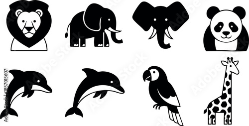 Wild animal icons with lion elephant panda dolphin parrot giraffe vector set 