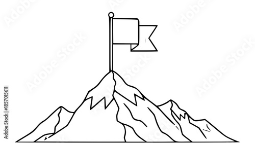 A minimalist black and white line art drawing showing a flag planted on the summit of a mountain peak, representing achievement and success.