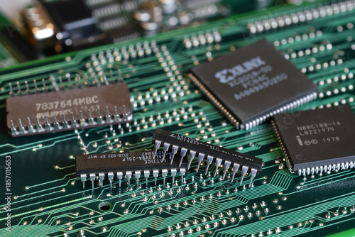 Close up of Microchips on a printed electronic board.
