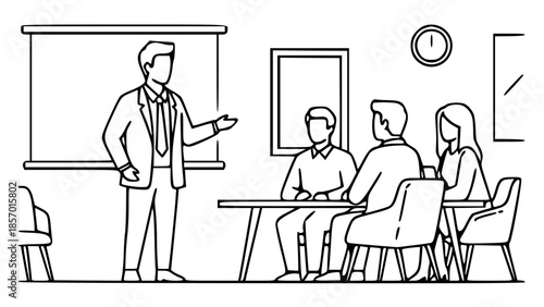 A male presenter explains concepts to a small group of business people during an office meeting.