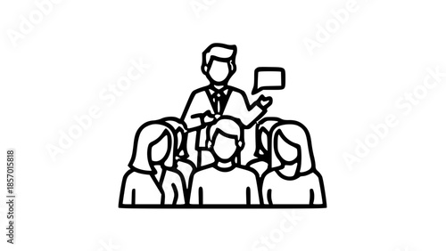 A simple line art icon depicting a person speaking to a small group of people, representing a presentation or meeting.