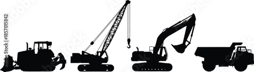 Set of 4 heavy construction vehicles silhouette bulldozer crane excavator and dump truck side view