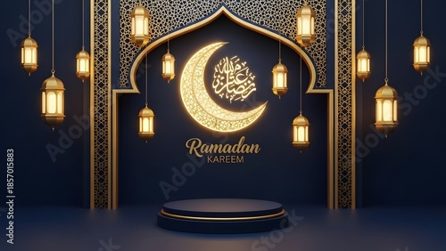 Ramadan Kareem 3D Display Podium with Islamic Golden Decorations