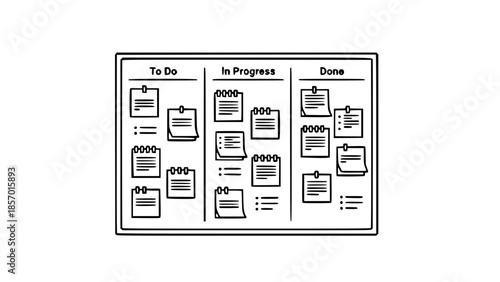 An illustration of a Kanban board showing tasks organized into 'To Do', 'In Progress', and 'Done' columns with sticky notes.