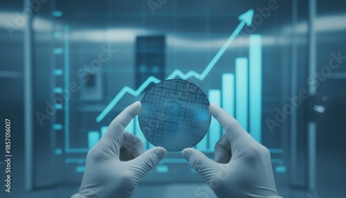Person wearing sterile gloves presents a silicon wafer in front of a digital screen showing a rising bar chart and positive arrow